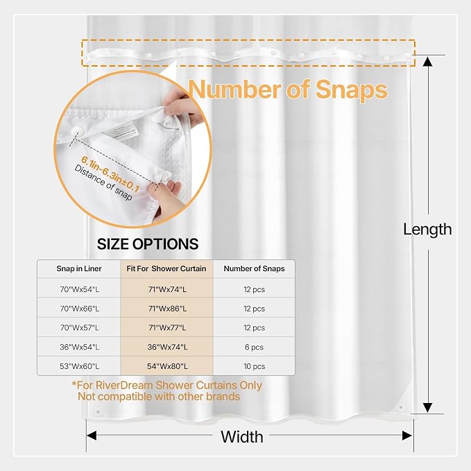 River Dream Fabric Snap in Shower Curtain Liner Replacement,White,53x60 | with Magnets,Detachable Liner,Quick Dry，Machine Washable，Fit for River Dream 54(W) x 80(H) with Window Shower Curtain