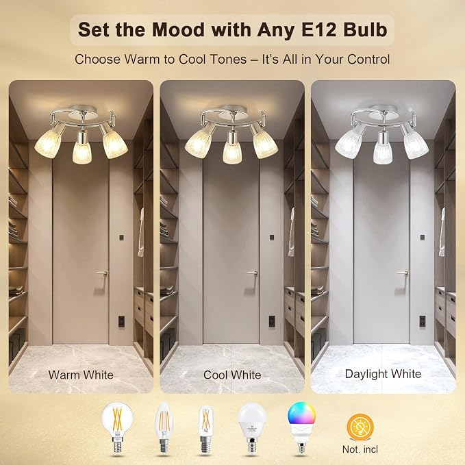 HiBay 3-Light Ceiling Light Fixture Adjustable Modern Chrome Track Lighting | with Glass Shades, Flush Mount Ceiling Spotlight Indoor for Kitchen, Bedroom, Living Room, E12 Base, No Bulbs
