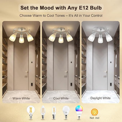 HiBay 3-Light Ceiling Light Fixture Adjustable Modern Chrome Track Lighting | with Glass Shades, Flush Mount Ceiling Spotlight Indoor for Kitchen, Bedroom, Living Room, E12 Base, No Bulbs