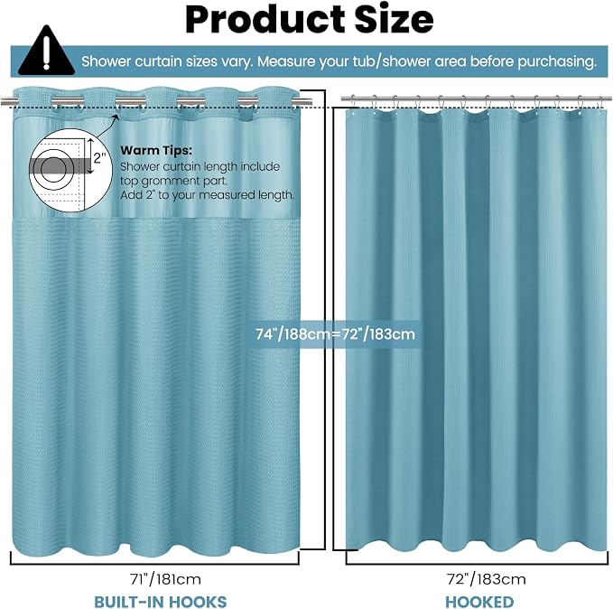 SORTTO No Hook Shower Curtain with Snap in Liner Set Waffle Shower Curtain for Bathroom Hotel Style Fabric Waterproof Inner Liner，71" W x 74" H, Cyan