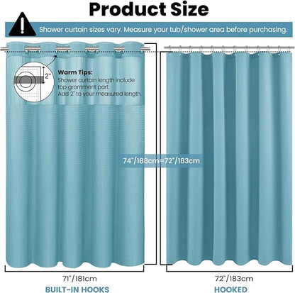 SORTTO No Hook Shower Curtain with Snap in Liner Set Waffle Shower Curtain for Bathroom Hotel Style Fabric Waterproof Inner Liner，71" W x 74" H, Cyan