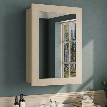 Buruis 20 x 28 Inch Bathroom Wood Medicine Cabinet Mirror, Oak Finish | Fully Assembled Design, Adjustable Glass Shelves, Soft-Close Hinges, Bathroom Storage Organizer, Left/Right Opening
