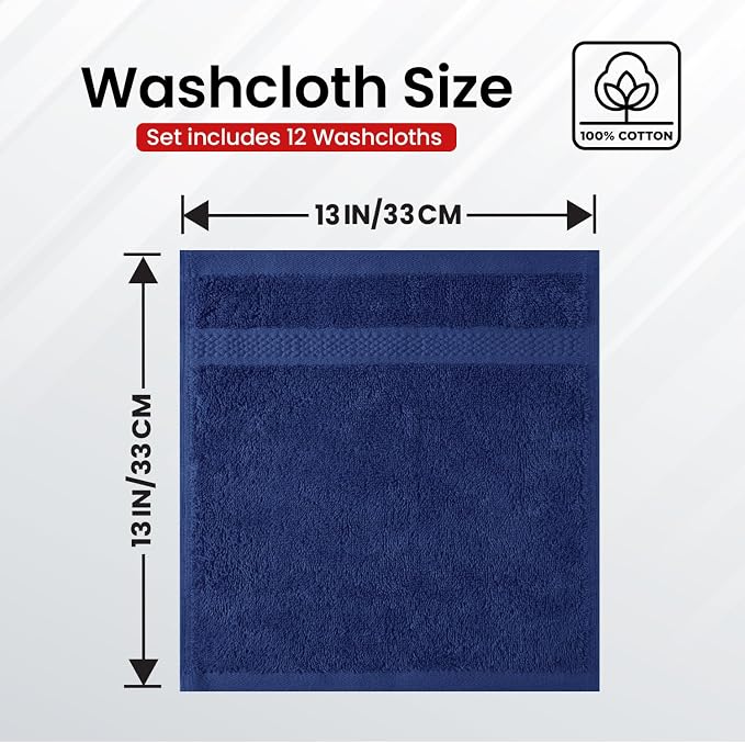 Infinitee Xclusives 100% Cotton Luxury Wash Cloths for Showering - 12 Pack | Washcloths [13x13] - Soft and Absorbent Face Towels for Bathroom Wash Clothes - Gym, Spa & Hotel Use