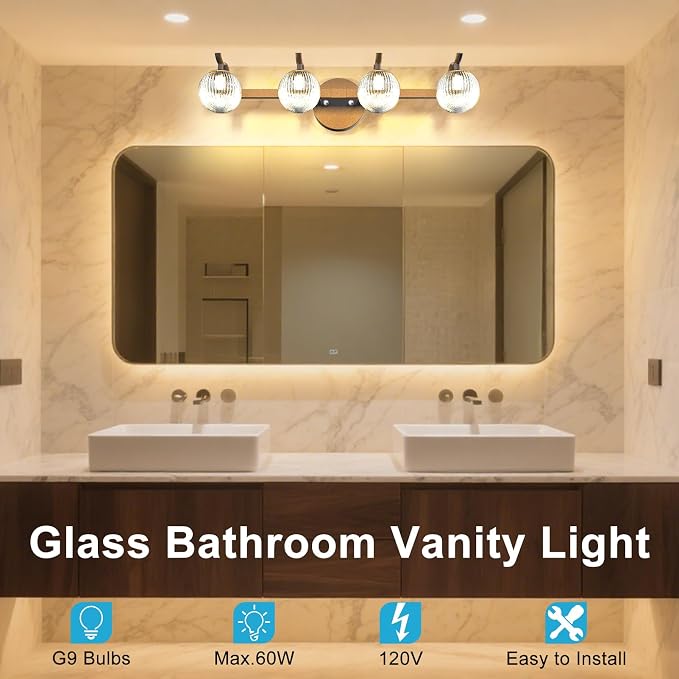 Lightdot Upgrade 4 Light Bathroom Vanity Light, 26" Modern Black Vanity Lights with Waterproof Crystal Ribbed Lampshade, Rust-Proof Bathroom Light Fixtures Over Mirror for Kitchen Hallway Cabinet