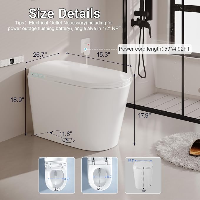 Smart Bidet Toilet w/Tank Heated Seat Cleaner Tablets Auto Flush/Lid&Seat | Foot Sensor UV-C light Electric Modern One Piece Toilet with Dryer LED Display Siphon Flush 1.28 GPF MAP 1000g