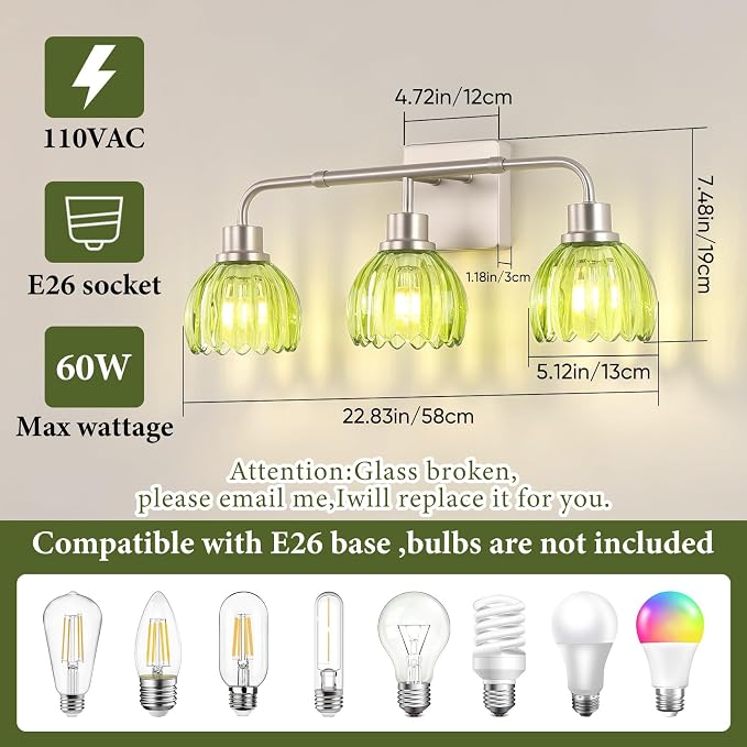 Ralbay Vintage Vanity Lights Bathroom Light Fixture Over Mirror for Bath Brushed Nickel Modern Wall Sconces with Green Crystal Glass Shade for Bedroom,Living Room,Hallway(3-Light)