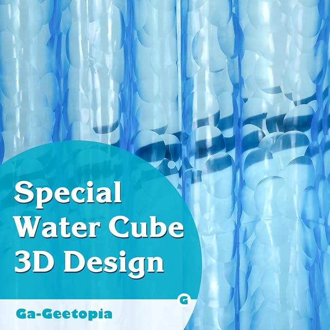 Ga-Geetopia Extra Long EVA 3D Blue Pearl Water Cube Plastic Shower Curtain Liner - Lightweight 72" x 80" Bathroom Shower Showroom Curtain Liner with Rustproof Metal Gromments and Weighted Magnet