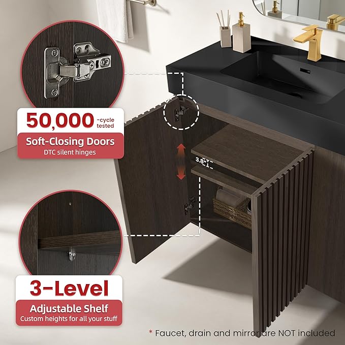 36" Bathroom Vanity with Sink, Freestanding Single Sink Bathroom Vanity with Black Engineered Stone Top & Open Side Storage, Soft-Closing Doors with Adjustable Shelf, Smoked Oak Brown