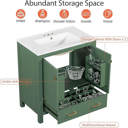 LUMISOL 60" Bathroom Vanity with Double Sink, Solid Wood Bathroom Sink Cabinet with Divided Drawers, Storage Racks & Cabinets, Separate 2 Bathroom Vanities with Double Ceramic Sinks, Green