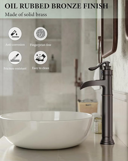 Waterfall Vessel Sink Faucet Brass Single Handle 1 Hole | Bathroom Sink Faucet with Pop Up Drain Without Overflow Oil Rubbed Bronze Tall Bathroom Faucets Homevacious