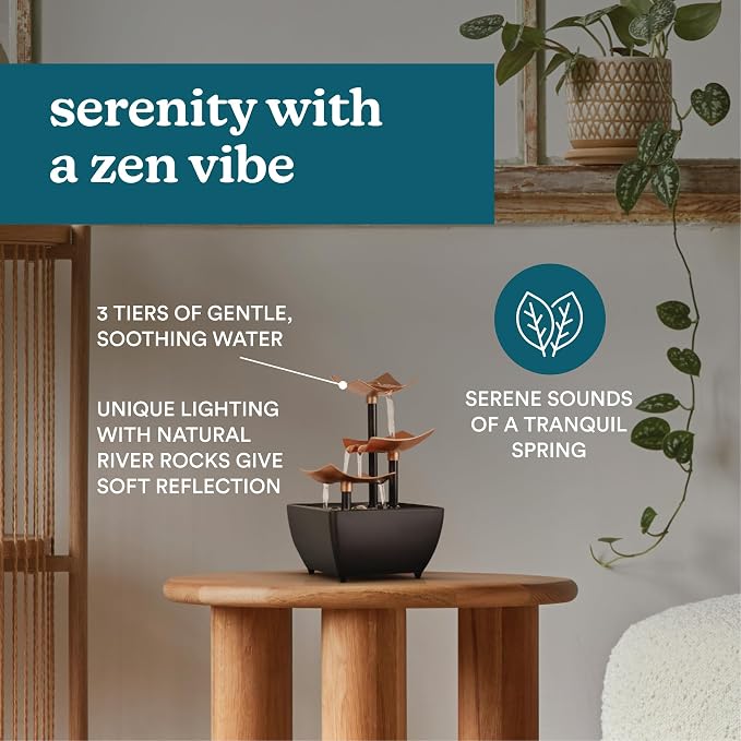 Homedics Tabletop Water Fountain, 3 Tier Indoor Waterfall Fountain | with Natural River Rocks, Quiet Pump for Relaxation, Zen Home & Office Desk Décor, AA Battery Powered