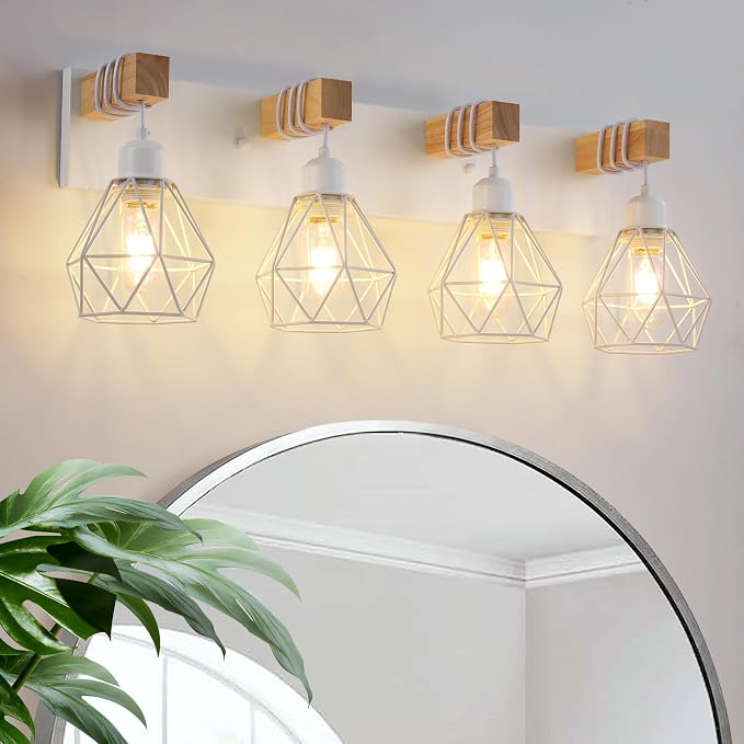 VbiTmn Bathroom Light Fixtures, 4 Light White Farmhouse Wood Vanity Lights | Rustic Design, Diamond Metal Shades, Easy to Install, Wall Sconces for Bathroom, Bedroom, Makeup Area, Over Vanity Mirror "