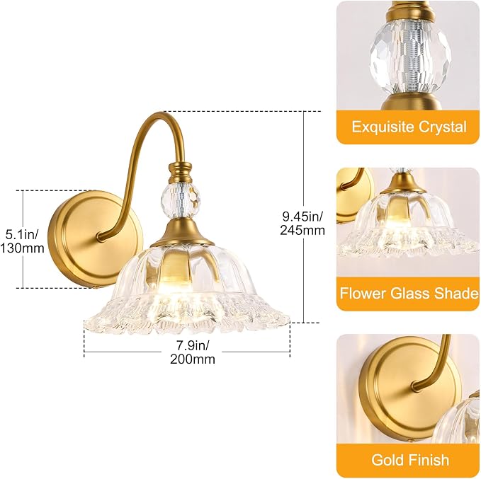 Brushed Gold Bathroom Vanity Light Single-Head Wall Sconce with Floral Crystal Glass Shade Vintage Bathroom Light Fixtures for Bedroom,Hallway & Bedside(Exclude E26 Bulb)