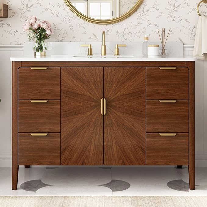 48 Inch Walnut Bathroom Vanity with Sink, Fully Assembled Solid Wood Bathroom Vanities with Soft Close Parquet Doors, Full Extension Dovetail Drawers, Calacatta Quartz Top & Backsplash