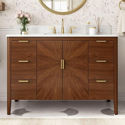 48 Inch Walnut Bathroom Vanity with Sink, Fully Assembled Solid Wood Bathroom Vanities with Soft Close Parquet Doors, Full Extension Dovetail Drawers, Calacatta Quartz Top & Backsplash