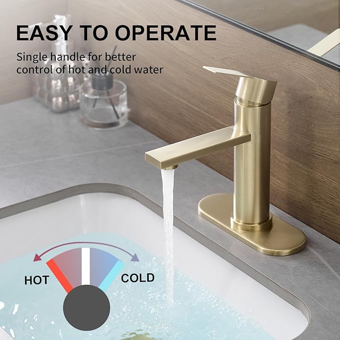 Bathroom Faucet Single Hole Single Handle Vanity Modern Sink RV Faucet with Pop-up Drain for 1 - or 3 Hole Bathroom Sink (Brushed Gold)