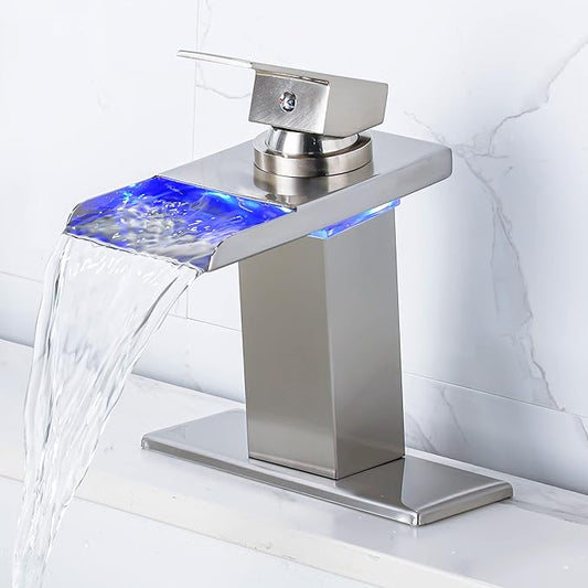 LED Bathroom Sink Faucet - Brushed Nickel Single Hole or 4 Inch Centerset Waterfall Faucet with Stainless Steel Spout and Temperature-Sensitive LED Lights, Includes Deck Plate