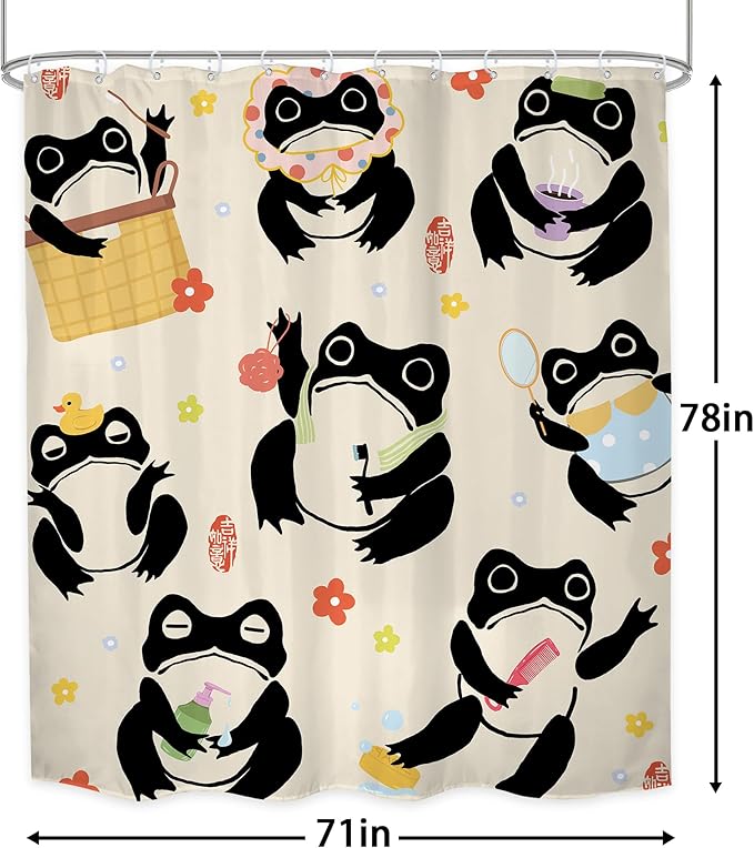 LGhtyro Japanese Funny Frog Shower Curtain Bathroom Set 71Wx78H Inches Fun Kids Washing Animal Asian Lovely Style Traditional Flower Bath Accessories Anime Cartoon Art Home Decor Fabric 12 Pack Hooks