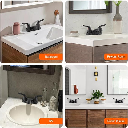 Bathroom Sink Faucets 2/3 Hole,Matte Black Dual Handles 4 inch Plastic Plating Over Bathroom Faucet with Pop-up Drain and 2 Supply Hoses for Apartment Rvs Sink Vanity