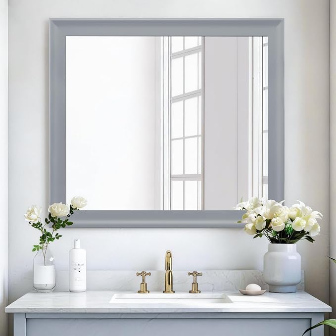 30x36 Inch Rectangular Wall Mirror, Grey Bathroom Vanity Mirrors | Grey Mirror, Tempered Glass, Wall Decor