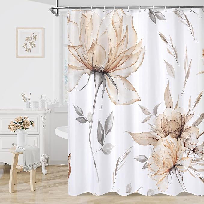 Litabel Extra Long Boho Watercolor Floral Shower Curtain 72 x 84, Light Brown and Grey Ink Painting Style Flower Shower Curtains for Chic Elegant Bathroom, Artistic XL Fabric Cloth Shower Curtain