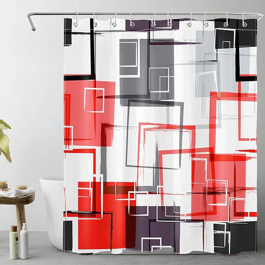 Red and Black Geometric Shower Curtain with Hooks,Grey and White Abstract Striped Shower Curtain for Bathroom Decor Modern Minimalist Shower Curtain Set,72L X 60W inches
