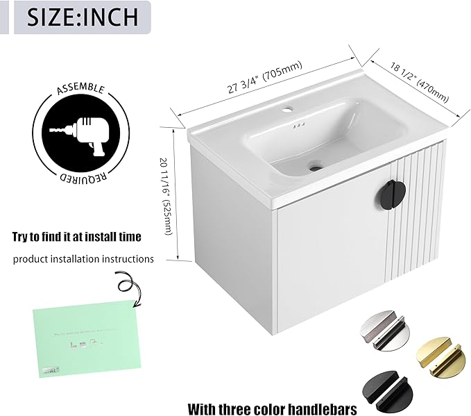 28 Inch Bathroom Vanity with Sink, 28" Floating Vanity with White Glossy Ceramic Sink, Plywood Wooden Bathroom Cabinet with Soft-Close Doors, Modern Wall Mounted Cabinet Set (White)