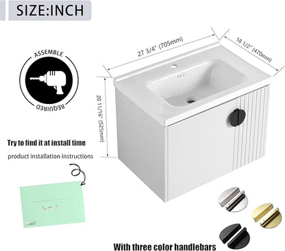 28 Inch Bathroom Vanity with Sink, 28" Floating Vanity with White Glossy Ceramic Sink, Plywood Wooden Bathroom Cabinet with Soft-Close Doors, Modern Wall Mounted Cabinet Set (White)
