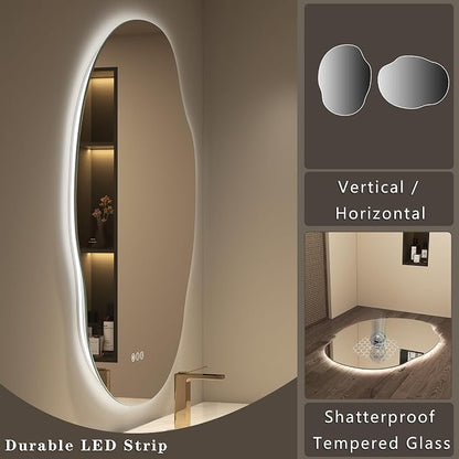 OKPAL Backlit Irregular LED Bathroom Mirror with Lights, 24x32 Asymmetrical Leaf-Shaped Ligthed Vanity Mirror for Wall, Anit-Fog, Dimmable, Memory, Shatterproof, UL (Horizontal/Vertical)