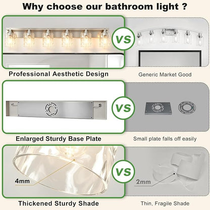 Modern Bathroom Lighting Fixtures Over Mirror, Vanity Lights for Bathroom, Wall Sconces with Clear Glass Shades, E26 Ceramic Socket, 6-Light 43-inch Brushed Nickel