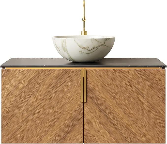 36 Inch Bathroom Vanity with Sink Combo, Floating Vanity Bathroom with Vessel Sink, Modern Bathroom Vanity Cabinet with Doors, Sintered Stone Countertop and Bowl Sink,Brown Oak