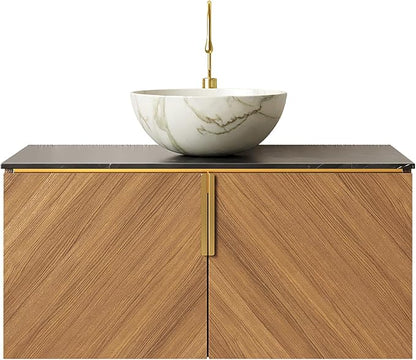 36 Inch Bathroom Vanity with Sink Combo, Floating Vanity Bathroom with Vessel Sink, Modern Bathroom Vanity Cabinet with Doors, Sintered Stone Countertop and Bowl Sink,Brown Oak