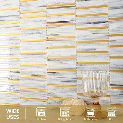 Glass Backsplash Mosaic Tile Gold White 5 sq.ft | Dazzling 12 x 12 Inch for Kitchen Backsplash Bathroom and Shower 5-Pack