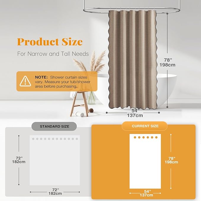 BTTN 54 Inch Narrow Shower Curtain, Boho Scalloped Linen Textured Thick Fabric Shower Curtain Set with 10 Hooks, Small Farmhouse Modern Waterproof Cloth Shower Curtains for Bathroom, 54x78, Tan/Taupe