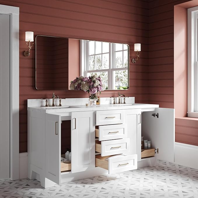 ARIEL Taylor 72-inch Bathroom Vanity with Sink,Solid Wood, 1.5-inch Carrara White Quartz Countertop & Backsplash, Double Rectangular Porcelain Sink, 4 Soft Closing Doors, 6 Dovetail Drawers, White