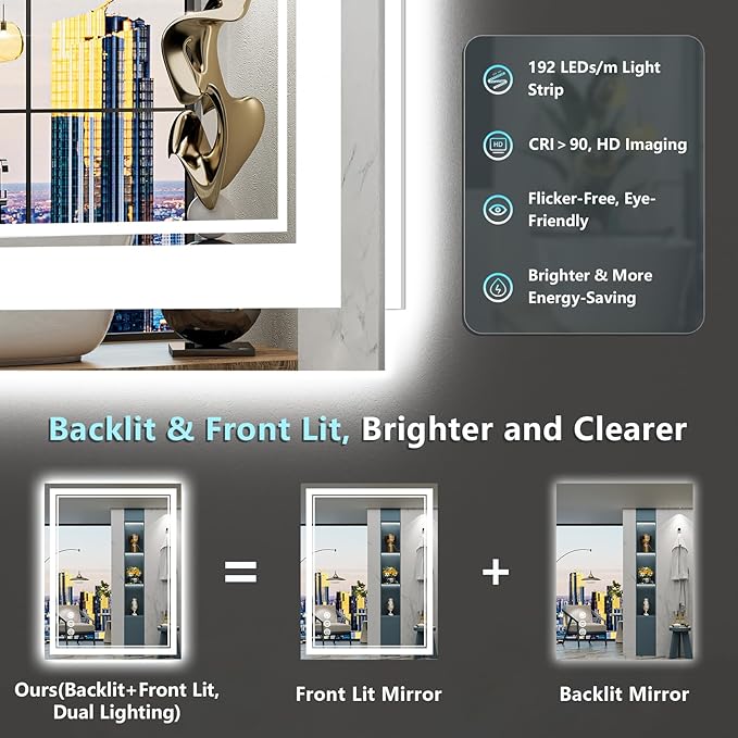 28x36 LED Bathroom Mirror with Lights, Backlit and Front Lit Anti-Fog Lighted Vanity Mirrors for Bathroom Wall, Dimmable, 3-Color Light, Memory, Shatter-Proof, HD Tempered Glass, CRI＞90