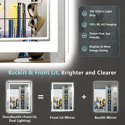 24x32 LED Bathroom Mirror with Lights, Backlit and Front Lit Anti-Fog Lighted Vanity Mirrors for Bathroom Wall, Dimmable, 3-Color Light, Memory, Shatter-Proof, HD Tempered Glass, CRI＞90