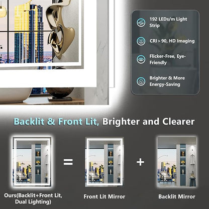 28x32 LED Bathroom Mirror, Backlit & Front Lit Lighted Mirror | Anti-Fog Vanity Mirror with Lights, 3 Color Dimmable, Memory, HD Tempered Glass, CRI95, IP54, UL Listed, Horizontal/Vertical