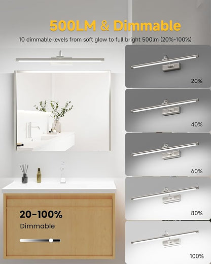 Rechargeable Wireless Bathroom Vanity Light Brushed Nickel 24 inch | 10000mAh Rechargeable Vanity Bathroom Light, with 1 Detachable Battery, Dimmable, Rotatable, 3CCT for Bathroom Mirror
