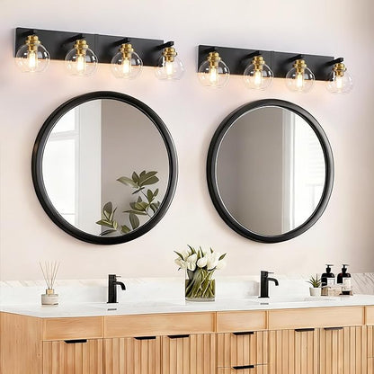 4-Light Bathroom Vanity Light Fixture Over Mirror, Bathroom Light Fixutre Matte Black & Gold Finish with Globle Clear Glass E26 Base Bulbs Not Included for Bathroom, Hallway, Bedroom, Living room