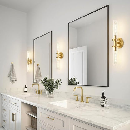 Brushed Gold Bathroom Vanity Light Fixture, 2-Light Modern Wall Sconce Lighting W/Clear Glass, Brass Wall Mount Lamp for Mirror Hallway Kitchen Living Room, E26 T10 Bulbs(Excluded)