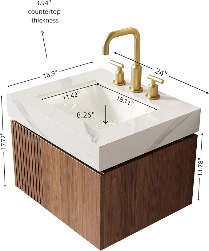 KEIKI 24 Inch Floating Bathroom Vanity with Sink, Brown Oak & White | Modern Wall Mounted Storage Cabinet with 2 Doors, Pre-assembled Wood Panels, Sintered Stone Top & Ceramic Basin Combo Set
