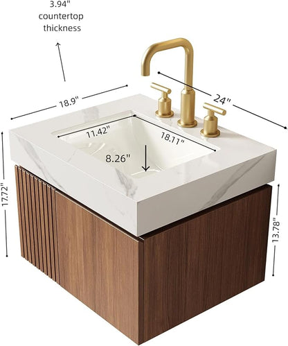 KEIKI 24 Inch Floating Bathroom Vanity with Sink, Brown Oak & White | Modern Wall Mounted Storage Cabinet with 2 Doors, Pre-assembled Wood Panels, Sintered Stone Top & Ceramic Basin Combo Set