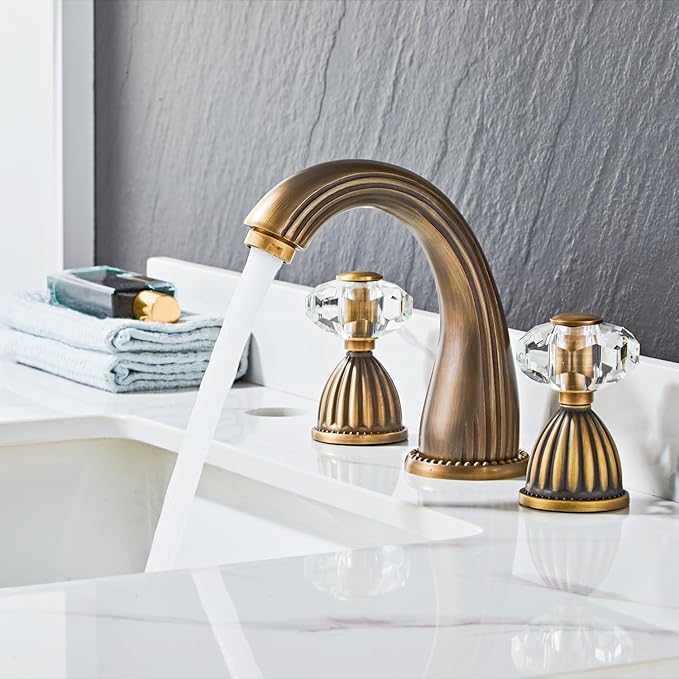 Bathroom Sink Faucet 3 Hole Deck Mounted Widespread Brass Bathroom Faucet Crystal Handle Mixer Tap, Antique Bronze