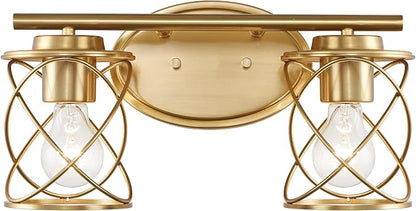 Modern Vanity Lights with Cage Shade, 2 Lights Over Mirror, Brushed Gold Vanity Light for Bathroom, Kitchen, Bedroom