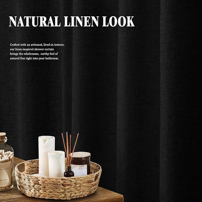 Linen Shower Curtain Black, Fabric Boho Farmhouse Shower Curtains for Bathroom Cotton Natural Cloth Liner Set 72" W x 90" L