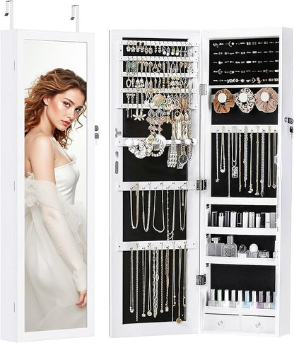 Jewelry Organizer Cabinet, Wall or Door Mounted 47.2-Inch Lockable Jewelry Armoire with Full-Length Mirror, 6 LEDs Large Capacity Jewelry Storage, White