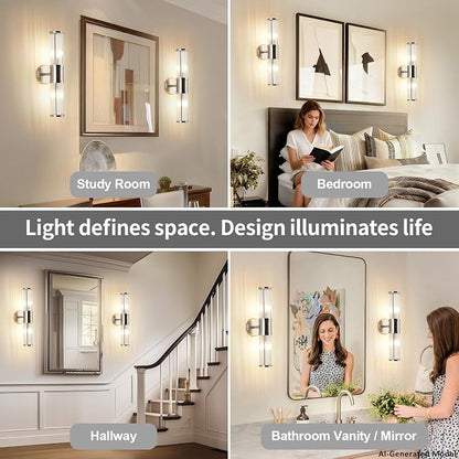 Dual Sconce Vanity Set of 2, Brushed Nickel Wall Light with Clear Glass Rods Shape, Industrial Vanity Lighting for Bathroom Mirror and Modern Bedroom