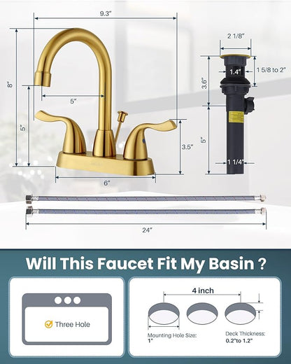 Brushed Gold Bathroom Faucet, ARCORA 4 inch Centerset Bathroom Faucet with Drain Assembly and Supply Lines