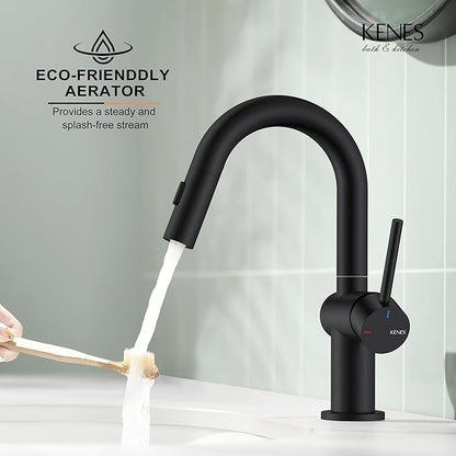 KENES Pull Down Bathroom Faucet with Sprayer, Matte Black Single Handle Bathroom Sink Faucet with Pull Out Sprayer, Vanity Bar Faucet with Pop Up Drain & Deck Plate, KE-9065B-2